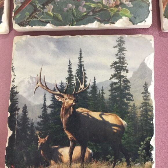 NWOT VTG Set Of 7 Tumbled Tile Cardinals,Lakeside Dock,Pheasant,Turkey, Deer - Picture 2 of 7